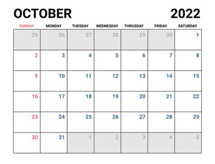2022 October Calendar Vector 