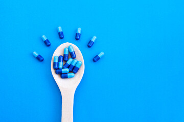 Healthy care concept. Healthy tools on blue background.