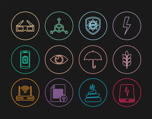 Set line Power bank, Wheat, UV protection, Eye, Smartphone battery charge, 3D cinema glasses, Umbrella and Isometric cube icon. Vector