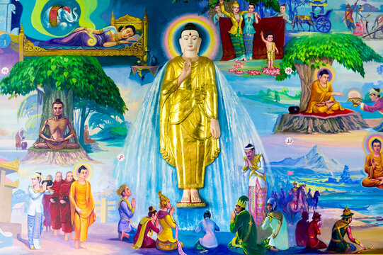 Myanmar. Yangon (Rangoon). Kyaukhtatgyi Pagoda. Fresco telling the life of the Buddha