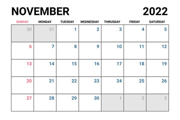 2022 November Calendar Vector 