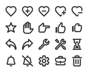 Collection of monochromatic pixel perfect icons: User interface. Set #2.  Built on  base grid of  24 x 24 pixels. The initial base line weight is 2 pixels. Editable strokes