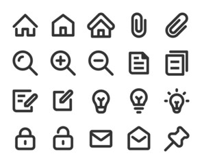 Collection of monochromatic pixel perfect icons: User interface. Set #1.  Built on  base grid of  24 x 24 pixels. The initial base line weight is 2 pixels. Editable strokes