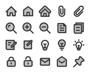 Collection of bicolor pixel perfect icons: User interface. Set #1.  Built on  base grid of  24 x 24 pixels. The initial base line weight is 2 pixels. Editable strokes