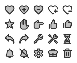 Collection of dichromatic pixel perfect icons: User interface. Set #2.  Built on  base grid of  24 x 24 pixels. The initial base line weight is 2 pixels. Editable strokes