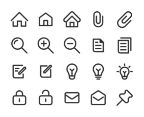 Collection of monochromatic pixel perfect icons: User interface. Set #1.  Built on  base grid of  32 x 32 pixels. The initial base line weight is 2 pixels. Editable strokes