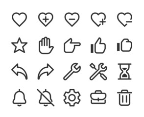Collection of monochromatic pixel perfect icons: User interface. Set #2.  Built on  base grid of 32 x32  pixels. The initial base line weight is 2 pixels. Editable strokes