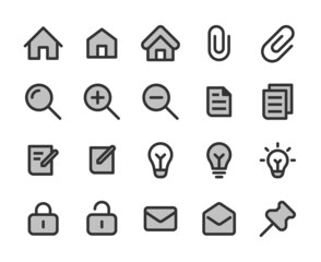 Collection of bicolor pixel perfect icons: User interface. Set #1.  Built on  base grid of  32 x 32 pixels. The initial base line weight is 2 pixels. Editable strokes