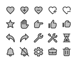 Collection of dichromatic pixel perfect icons: User interface. Set #2.  Built on  base grid of  32 x 32 pixels. The initial base line weight is 2 pixels. Editable strokes