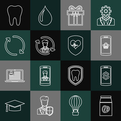 Set line Coffee beans in bag, Smartphone with dollar, Shopping basket mobile, Gift box, Human resources, Refresh, Tooth and Shield and heart rate icon. Vector