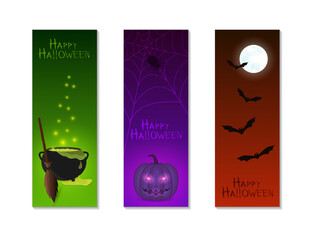 Fototapeta na wymiar Halloween vertical banners with a witch's cauldron, glowing pumpkin and bats. Vector illustration.