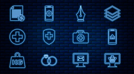 Naklejka premium Set line Monitor with shopping basket, Smartphone upload, Fountain pen nib, Medical shield cross, circle, Transfer files, First aid kit and Setting smartphone icon. Vector