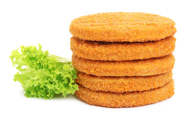 Fototapeta na wymiar Uncooked breaded cutlets, tomato and lettuce on white background. Freshly frozen semi-finished product