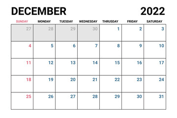 2022 December Calendar Vector 