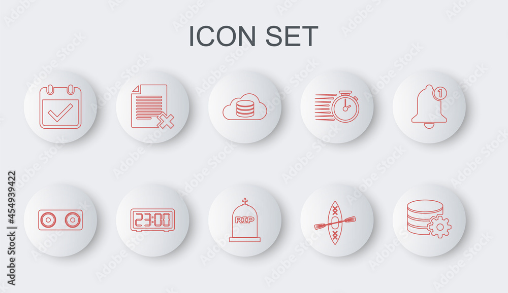 Poster set line setting database server, stereo speaker, cloud, kayak and paddle, calendar with check mark,