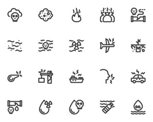 set of pollution line icons, air pollution, dust, drain, industry, noise