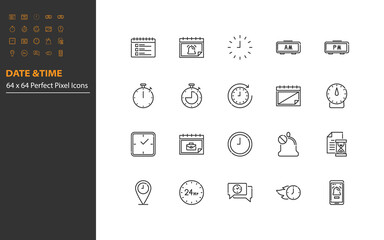 set of time and calendar line icon, event, date, clock
