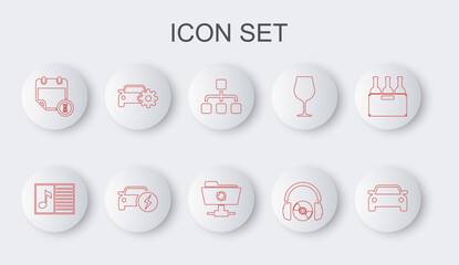 Set line Car, Music book with note, Hierarchy organogram chart, Headphones and CD DVD, Calendar clock, service, Electric car and FTP sync refresh icon. Vector