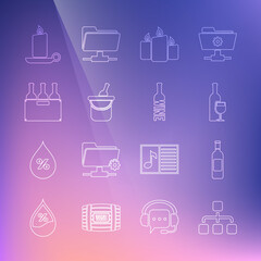 Set line Hierarchy organogram chart, Bottle of wine, Wine bottle with glass, Burning candles, bucket, Bottles box, candlestick and icon. Vector