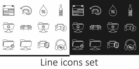 Set line Headphones and CD or DVD, Electric car, Water drop percentage, Cars, FTP sync refresh, Calendar, settings folder and icon. Vector