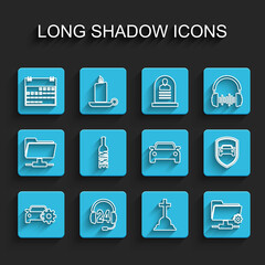Set line Car service, Headphone for support, Calendar, Tombstone with cross, FTP settings folder, Bottle of wine, protection insurance and icon. Vector