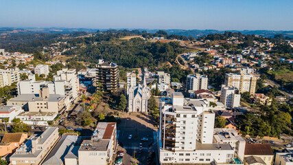 Fototapeta na wymiar Mother Church of Veranópolis RS. Aerial view of the church and downtown of Veranópolis, Rio Grande do Sul, Brazil