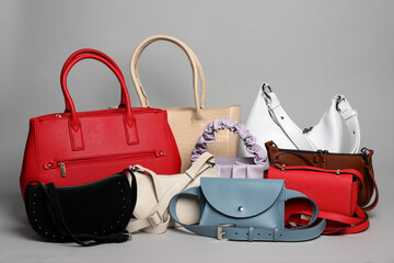 Different stylish woman's bags on light grey background