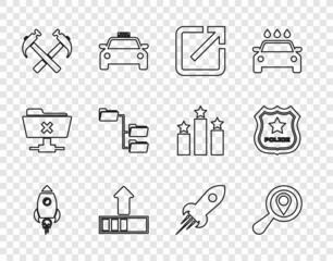 Set line Rocket ship with fire, Search location, Open in new window, Loading, Two crossed hammers, Folder tree, and Police badge icon. Vector
