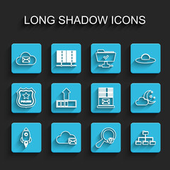 Set line Rocket ship with fire, Cloud mail server, Search location, Folder tree, Loading, moon and stars and Mail icon. Vector