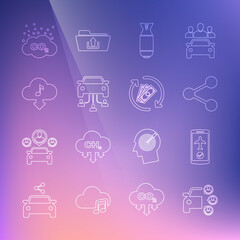 Set line Car sharing, Flight mode the mobile, Share, Aviation bomb, Cloud download music, CO2 emissions cloud and Refund money icon. Vector