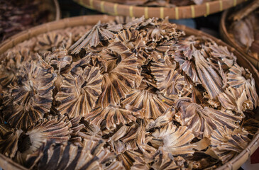 Dried sea fish are sold at a seafood market at Laem Chabang Fishing Village, Thailand.