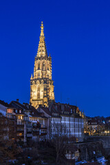 the Minster in the old town of Bern during blue hours, Switzerland.