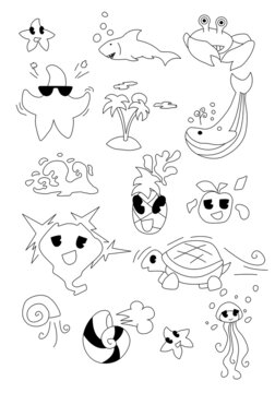 Set of vector cute illustrations with graphic design elements on the theme of the underwater world. Collections of fashionable characters for kids stickers, prints