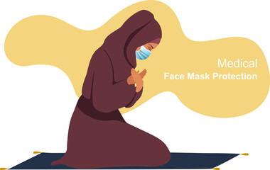 Muslim woman wearing chador dress traditional with hijab and rosary, raising hand to praying and Wearing medical face mask protection COVID-19 or Coronavirus outbreak concept Vector Illustration