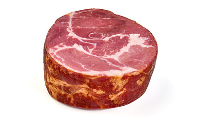 Smoked pork ham, isolated on white background.