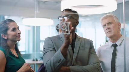 diverse business people using sticky notes african american team leader man brainstorming with colleagues working on solution discussing strategy writing on glass whiteboard in office meeting 4k