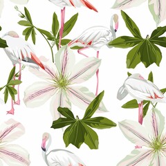 White clematis flowers and flamingo bird seamless pattern, branch, greenery. Decorative white background in rustic boho style for fabric.