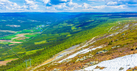 Beautiful valley panorama Norway Hemsedal Hydalen with snowed in Mountains.
