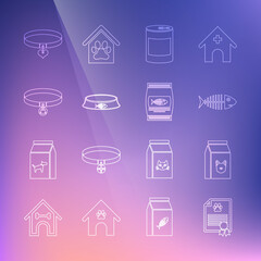 Set line Certificate for dog or cat, Bag of food, Fish skeleton, Canned, Pet bowl, Cat collar, Collar and heart and icon. Vector