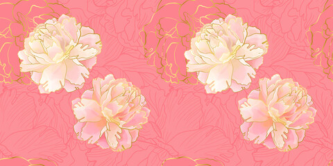 Gold and gentle pink peony seamless pattern
