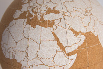 World Cork ball showing East Africa with the Arabian Peninsula and the Red Sea, in white, background - Planning destinations - Places visited - Next destinations - obrazy, fototapety, plakaty