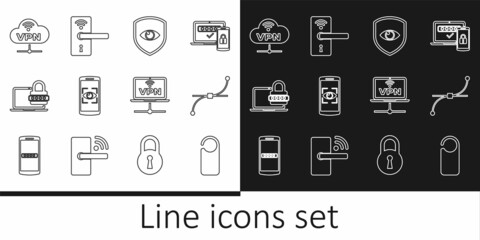 Set line Please do not disturb, Bezier curve, Shield and eye, Mobile scan, Laptop with password, VPN Network cloud connection, Computer network and Digital door lock wireless icon. Vector