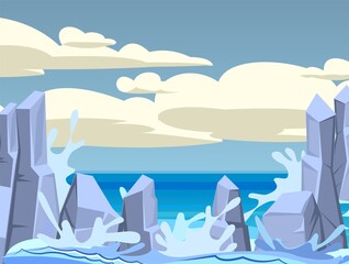 Rocks in the sea. Cloudy weather and storm. Cliffs in the ocean water. Illustration of a seascape in a flat style. Waves crash and spray with foam. Vector.