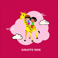 Giraffe ride with two young kids sitting on it and riding flat concept design