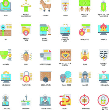Hacker Elements color flat icon collection set