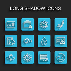 Set line Electric saving plug in leaf, Solar energy panel, Address book, Customer care server, Smile face, Sun with electric, Certificate template and Water icon. Vector
