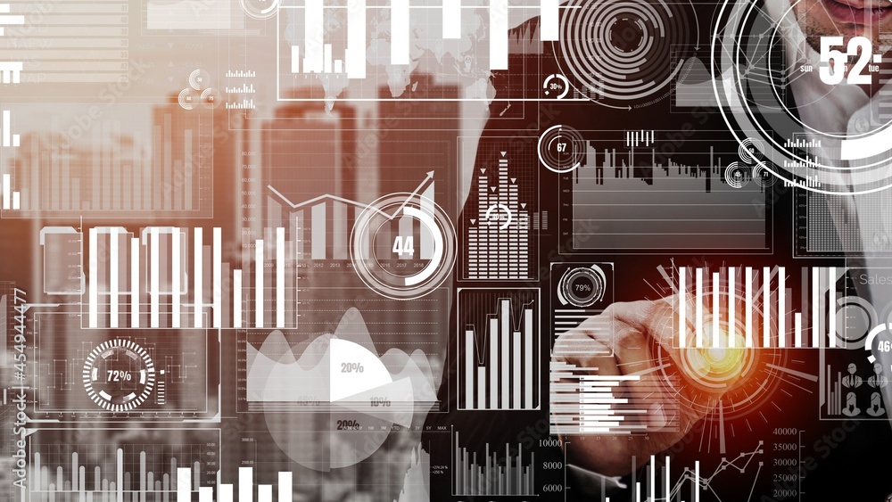 Poster conceptual business dashboard for financial data analysis . 3d render computer graphic .