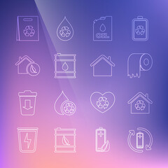 Set line Battery with recycle, Eco House recycling, Toilet paper roll, Canister machine, Oil barrel, friendly house, Shopping bag and icon. Vector