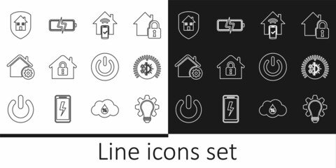 Set line Light bulb and gear, Thermostat, Smart home remote control system, House under protection, settings, Power button and Battery icon. Vector