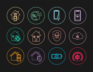 Set line Thermostat, Humidity, Mobile charging battery, House, Smart home, remote control system, under protection and icon. Vector